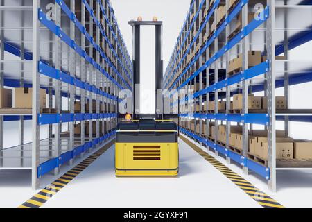 Automatic lifting machine or lifting AGV working in warehouse, 3D illustrations Stock Photo