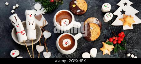 Christmas composition with hot chocolate and cookies. Holiday season concept. Top view, flat lay Stock Photo