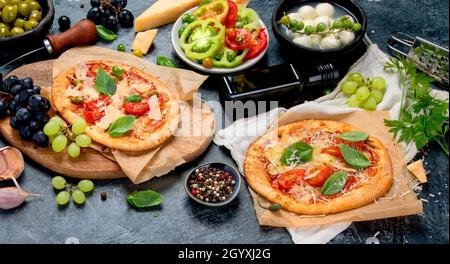 Italian food assortment on dark background. Traditional food concept. Panorama Stock Photo