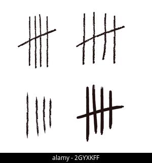 Tally marks lines or sticks hand drawn isolated on white background. Counting waiting number on wall prison. Grunge stroke. . Vector illustration Stock Vector
