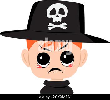 Avatar of boy with red hair, angry emotions, grumpy face, furious eyes in hat with skull. Cute kid with furious expression in carnival costume. Halloween party decoration Stock Vector