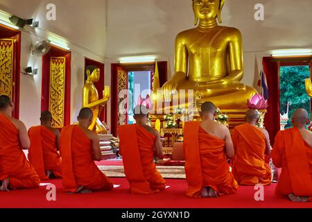 Monks at Wat Monkol Nimit (Mongkhon Nimit) in Phuket Town (Phuket City), Thailand seated in front of a large Buddha statue for evening prayers Stock Photo