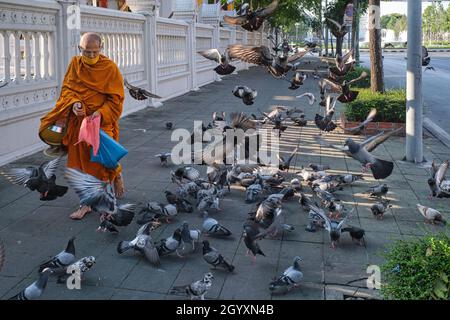 An barefoot Thai Buddhist empties bag full of crumbs in front of a flock of pigeons; outside Wat (temple) Ratchaburana (Wat Liab), Bangkok, Thailand Stock Photo