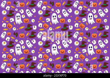 halloween pattern flat design with, skull, pumpkin, witch hat, candy, and eyeball Stock Vector