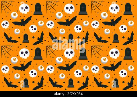 halloween pattern with spider web, skull, bat, stone tomb, and eyeball Stock Vector