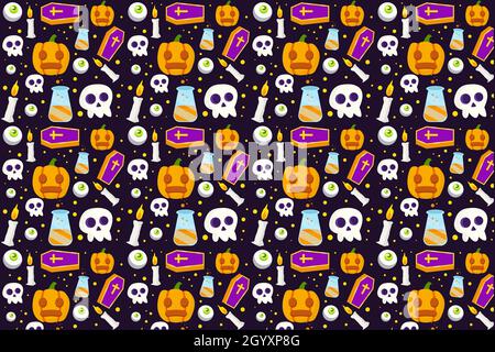 vector halloween pattern with skull, coffin, candle, pumpkin, and eyeball Stock Vector