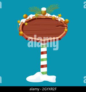 Christmas wooden signboard, road signs on striped stick with decoration, empty frame in cartoon style isolated on white background. Holiday decoration. Ui game asset. Vector illustration Stock Vector