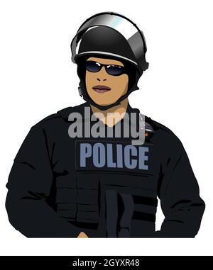 American police officer in protective body armor. 3d color vector illustration Stock Vector