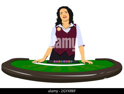 The Woman Croupier At The Casino Table. 3d vector illustration Stock Vector