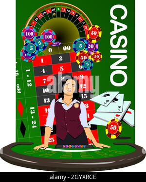 The Woman Croupier At The Casino Table. 3d vector illustration Stock Vector