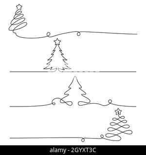 Christmas trees in one line drawing style. Editable stroke. Stock Vector