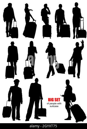 Big set of people with suitcase. Vector 3d color illustration Stock Vector