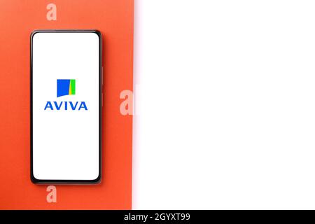 West Bangal, India - October 09, 2021 : Aviva logo on phone screen stock image. Stock Photo