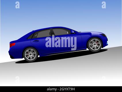 Blue car sedan on the road. Vector Abstract  3d illustration Stock Vector