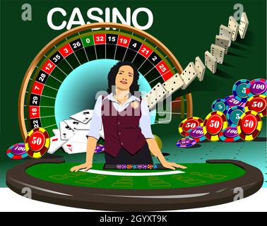 The Woman Croupier At The Casino Table. 3d vector illustration Stock Vector