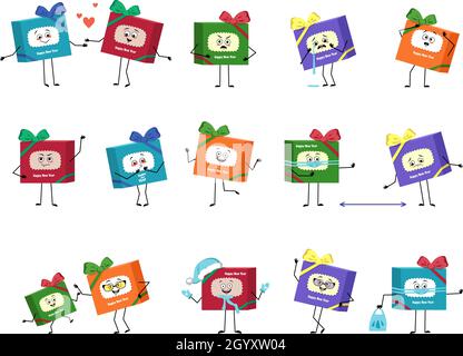 Set of cute character gift box for character with emotions, face, arms and legs. Cheerful or sad festive decoration for New year and Christmas falls in love, keep distance in mask, dance in Santa hat Stock Vector