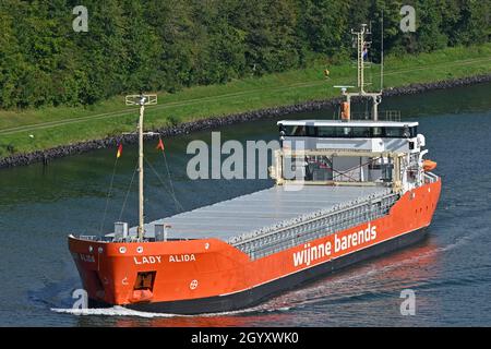 General Cargo Ship LADY ALIDA passing the Kiel Canal Stock Photo