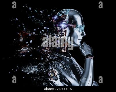 3d rendering ai robot computing or analyzing with explosion pieces Stock Photo