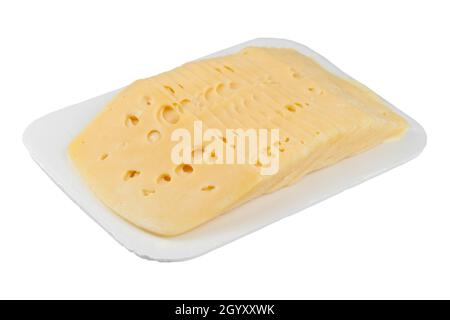 Cheese slices in pack isolated on white background. File contains clipping path. Stock Photo