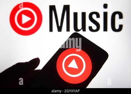 In this photo illustration a YouTube Music logo is seen on a smartphone. Stock Photo