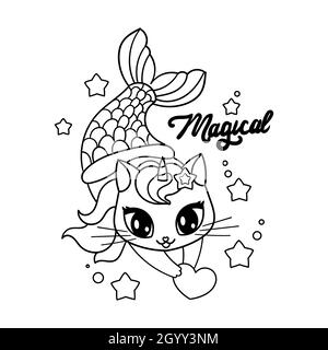 Cute cat mermaid unicorn. Black and white outline drawing. Vector Stock Vector