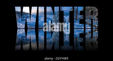 Winter text composed of snowy forest on black background with text reflection in water. Panoramic view of snowy beach with dunes and Baltic sea Stock Photo