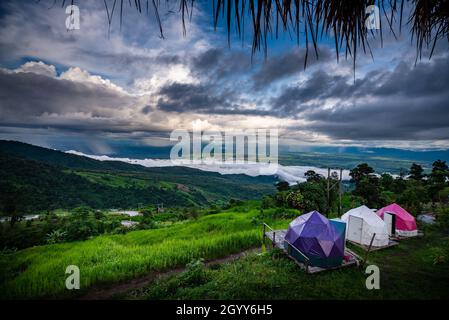 Aerial view of camping grounds and tents Stock Photo