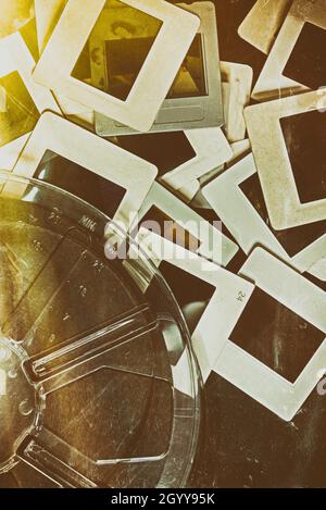 Vintage  Photo Slides. Collection of retro memories.   Grunge  dirt  and scratched background with empty  slide frames. . Stock Image. Stock Photo