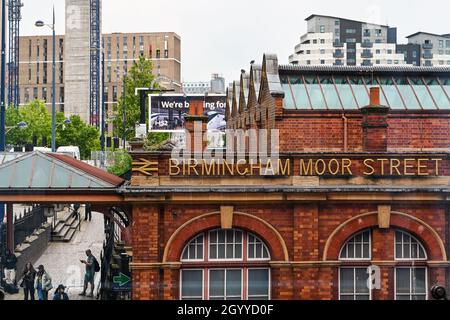 Birmingham, England - July 2021: Exterior view of the old Birmingham Moor Street railway station in the city centre. Stock Photo