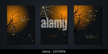 Halloween party, set gold cards spooky dark background, silhouettes of characters and scary bats with gothic haunted castle, horror theme concept Stock Vector