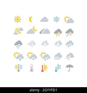 Weather forecast colorful vector icon set. Stormy, sunny, rain, snow icons. Sun and clouds, hot and cold symbols. Stock Vector