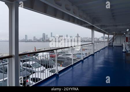 Cars on the deck of MS Stena Embla at Birkenhead docks for a daytime crossing from Liverpool Birkenhead to Belfast Stock Photo