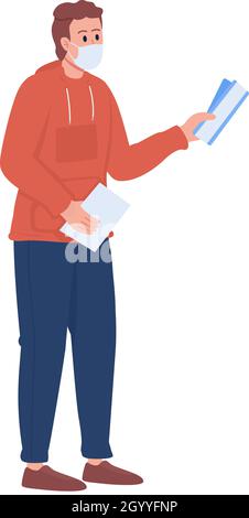 Boarding passenger in face mask semi flat color vector character Stock Vector