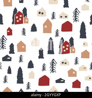 Winter hand drawn modern houses, Christmas trees elements on seamless repeat pattern for cozy Christmas time. Vector illustration in beige, blue, red Stock Vector