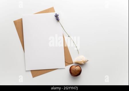 Greeting card on a craft envelope with a sprig of lavender, a seashell and a chestnut with a heart shape on a clean white desk. Stock Photo
