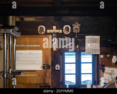 Traditional tete de moine aged mountain cheese of the Alps served with  grapes and walnuts wooden design board with copy space Stock Photo - Alamy