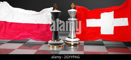 Poland Switzerland summit, fight or a stand off between those two countries that aims at solving political issues, symbolized by a chess game with nat Stock Photo