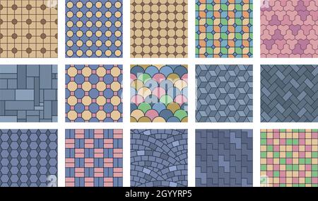 Street pavements, architectural paving stone seamless textures. Stones slab, brick architectural pavement floor vector illustration set. Landscape Stock Vector