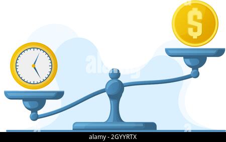 Time is money, scales weight balance, time and money concept. Libra scales money and watches comparison vector illustration set. Time versus money Stock Vector