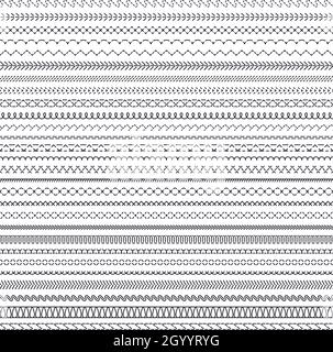 Machine and hand crafted sewing stitch borders. Embroidery stitching machine, overlock stripe, zigzag sew, vector illustration set. Sewing stitch Stock Vector