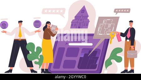 Real estate property online app searching concept. House listing, property searching and buying mobile app vector Illustration. Apartments or houses Stock Vector