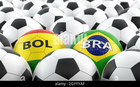 Brazil vs. Bolivia Soccer Match - Leather balls in Brazil and Bolivia national colors. 3D Rendering Stock Photo