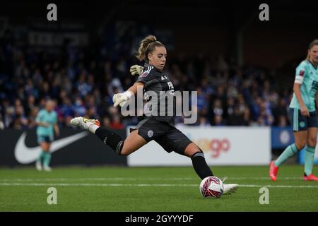 London, UK. 10th Oct, 2021. Goalkeeper Kirstie Levell (28 Leicester City) in action at the Barclays FA Womens Super League game between Chelsea and Leicester City at Kingsmeadow in London, England. Credit: SPP Sport Press Photo. /Alamy Live News Stock Photo
