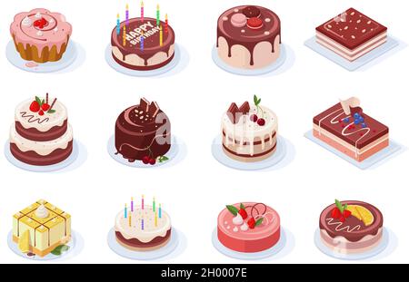 Isometric birthday event tasty strawberry, vanilla, chocolate cakes. Delicious 3d frosted party cakes vector illustration set. Sweet birthday cakes Stock Vector