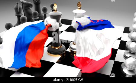 Russia France crisis, clash, conflict and debate between those two countries that aims at a trade deal or dominance symbolized by a chess game with na Stock Photo