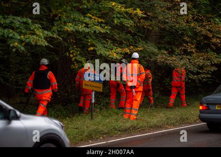 Aylesbury Vale, UK. 10th October, 2021. National Eviction Team bailiffs working for HS2 assisted by HS2 Security and Thames Valley Police were trying to evict anti HS2 protesters holed up in big woodland fortresses at the WAR Against HS2 camp this morning. The land off the A413 just outside Wendover is owned by Buckinghamshire Council but has been seized by court order by HS2 Ltd. The High Speed Rail 2 rail construction is having a devastating impact upon woodland and wildlife sites in Wendover. Credit: Maureen McLean/Alamy Live News Stock Photo