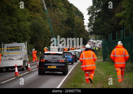 Aylesbury Vale, UK. 10th October, 2021. National Eviction Team bailiffs working for HS2 assisted by HS2 Security and Thames Valley Police were trying to evict anti HS2 protesters holed up in big woodland fortresses at the WAR Against HS2 camp this morning. The land off the A413 just outside Wendover is owned by Buckinghamshire Council but has been seized by court order by HS2 Ltd. The High Speed Rail 2 rail construction is having a devastating impact upon woodland and wildlife sites in Wendover. Credit: Maureen McLean/Alamy Live News Stock Photo