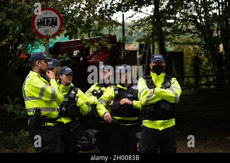 Aylesbury Vale, UK. 10th October, 2021. National Eviction Team bailiffs working for HS2 assisted by HS2 Security and Thames Valley Police were trying to evict anti HS2 protesters holed up in big woodland fortresses at the WAR Against HS2 camp this morning. The land off the A413 just outside Wendover is owned by Buckinghamshire Council but has been seized by court order by HS2 Ltd. The High Speed Rail 2 rail construction is having a devastating impact upon woodland and wildlife sites in Wendover. Credit: Maureen McLean/Alamy Live News Stock Photo