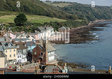 Kingsand from a high vantage point featuring the Maker with Rame Institute, with its clock tower is an iconic grade 2 listed building at the heart of Stock Photo