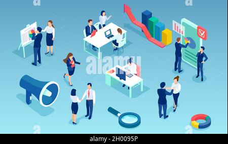 Vector of business people working in open space office analysing financial data Stock Vector